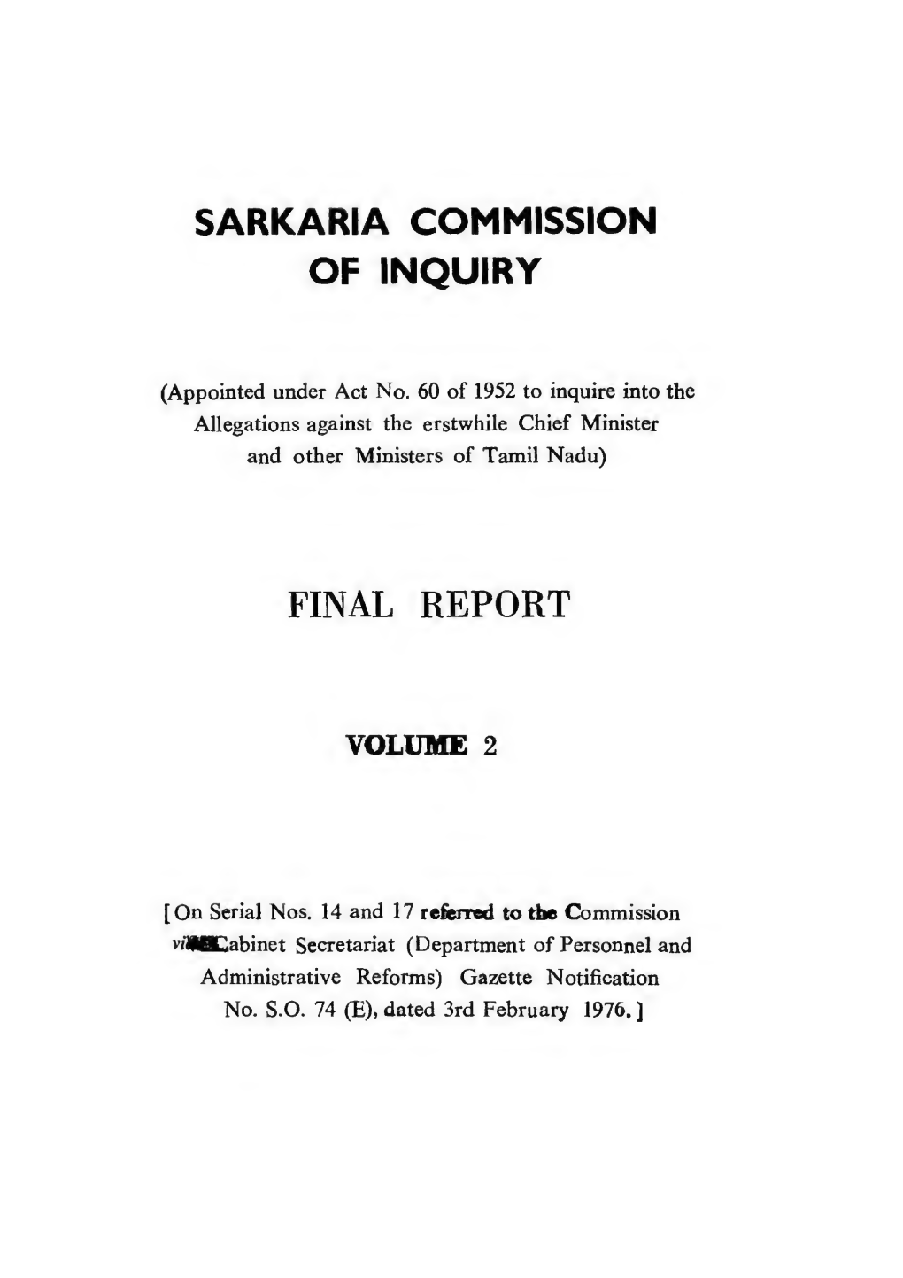 ( 275 Pages) Vol 1 ( Preliminary Report) of Sarkaria Commission