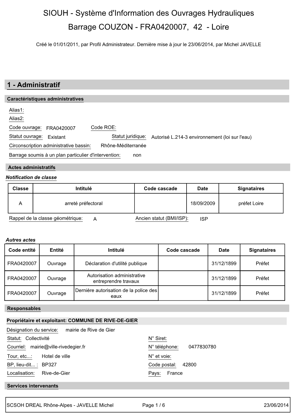 SIOUH - Système D'information Des Ouvrages Hydrauliques Barrage COUZON - FRA0420007, 42 - Loire