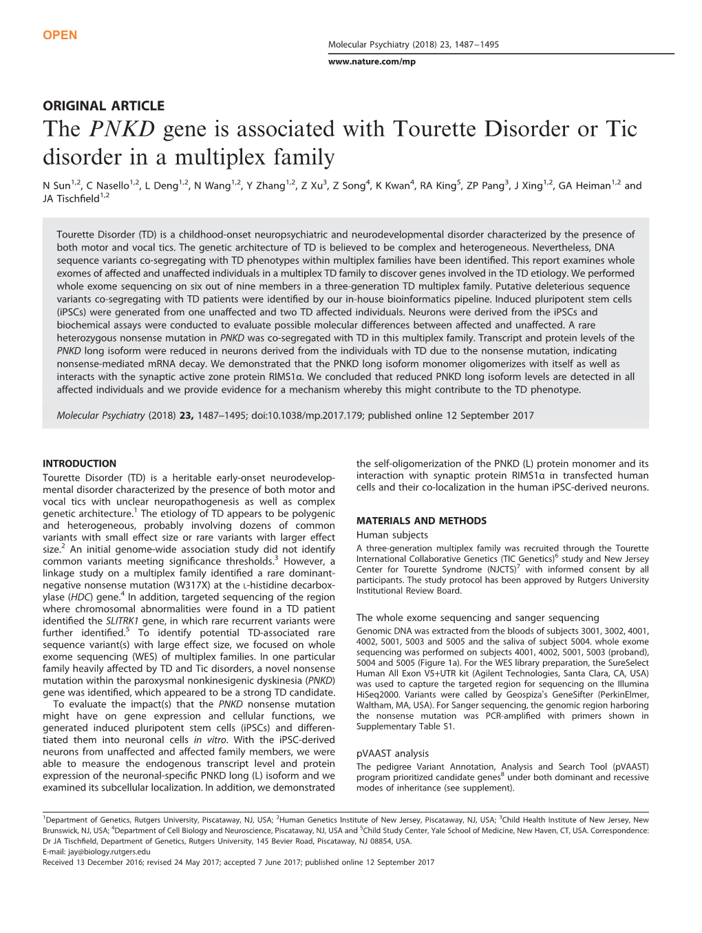 The PNKD Gene Is Associated with Tourette Disorder Or Tic Disorder in a Multiplex Family