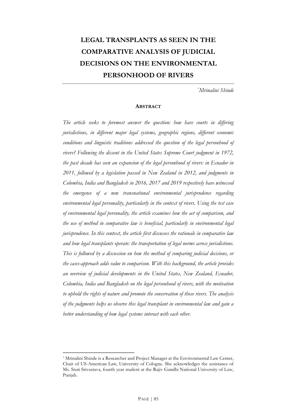 Legal Transplants As Seen in the Comparative Analysis of Judicial Decisions on the Environmental Personhood of Rivers