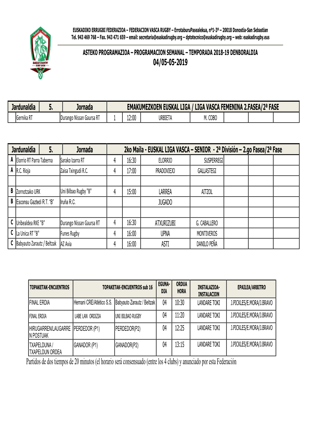 04/05-05-2019 Partidos De Dos Tiempos De 20 Minutos (El Horario