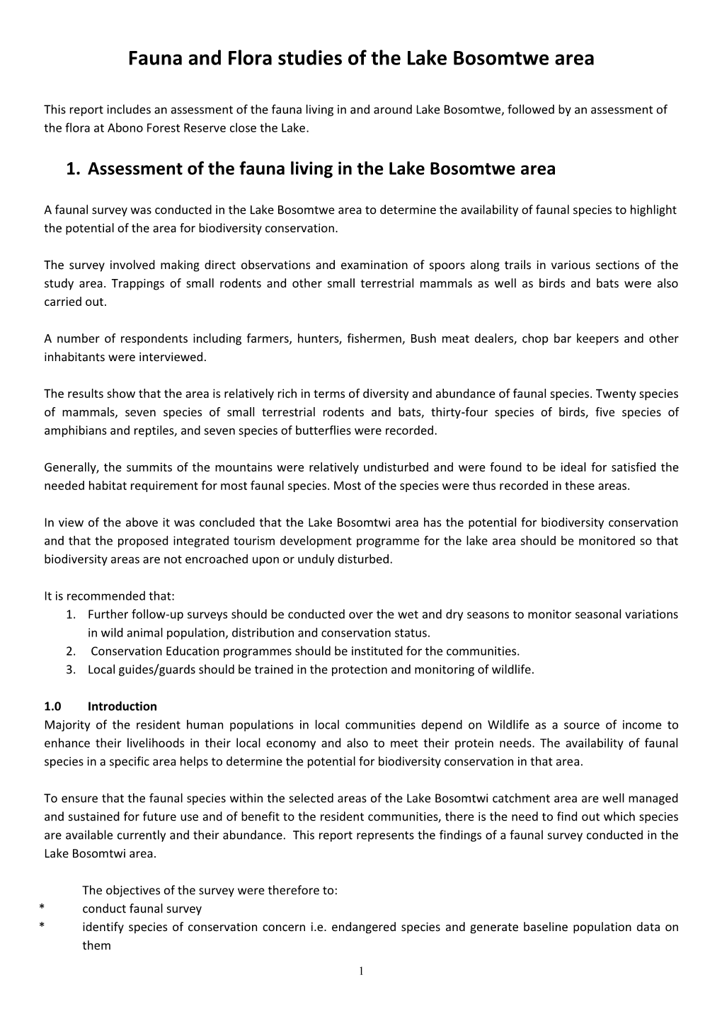 Fauna and Flora Studies of the Lake Bosomtwe Area