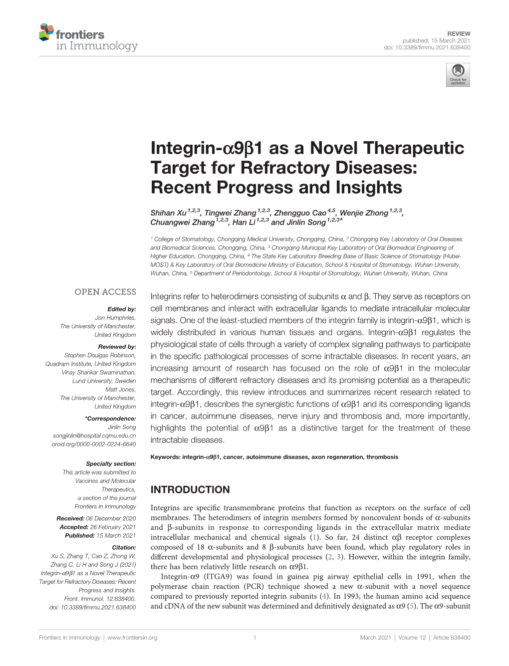 Integrin-Α9β1 As a Novel Therapeutic Target for Refractory Diseases