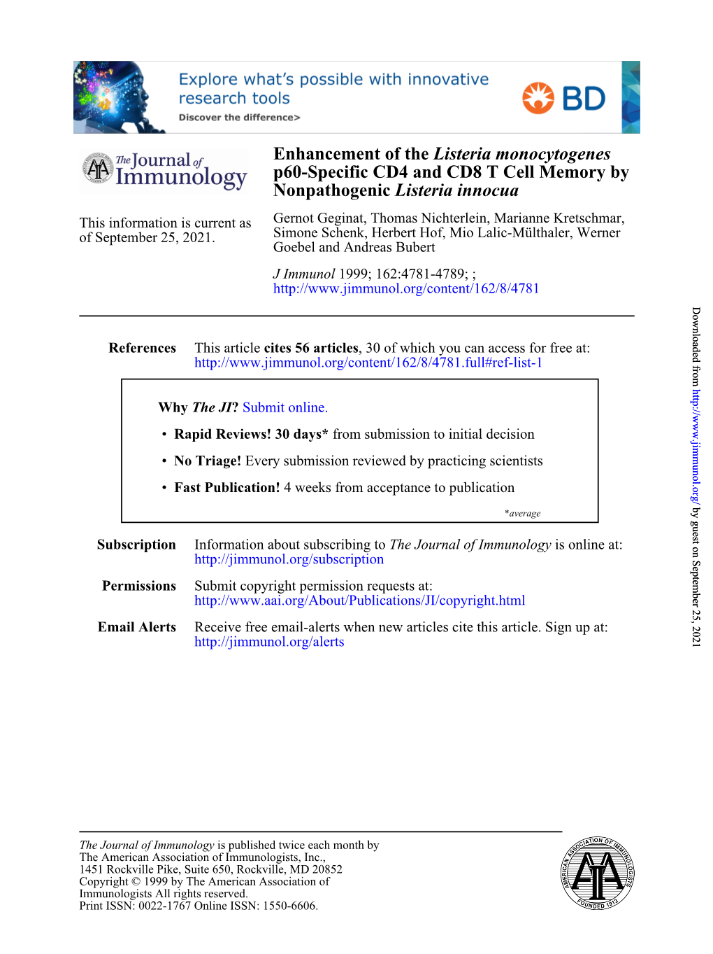 Listeria Innocua Nonpathogenic P60-Specific CD4 and CD8 T Cell