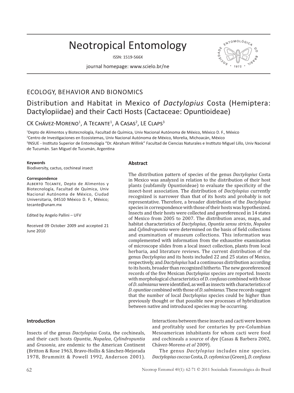 Distribution and Habitat in Mexico of Dactylopius Costa (Hemiptera