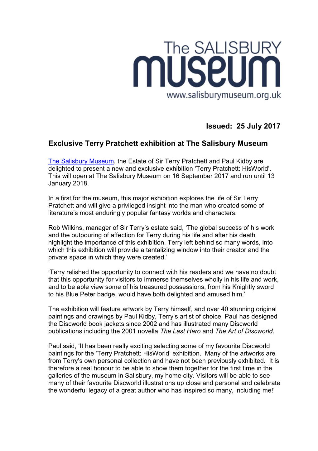 Press Release Terry Pratchett Hisworld FINAL.Pdf