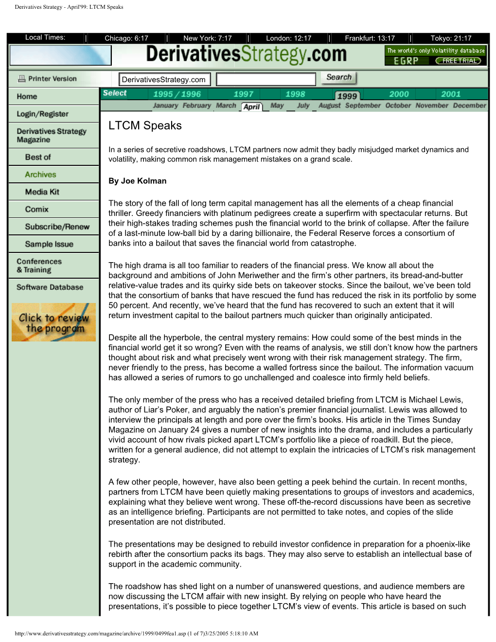 Derivatives Strategy - April'99: LTCM Speaks