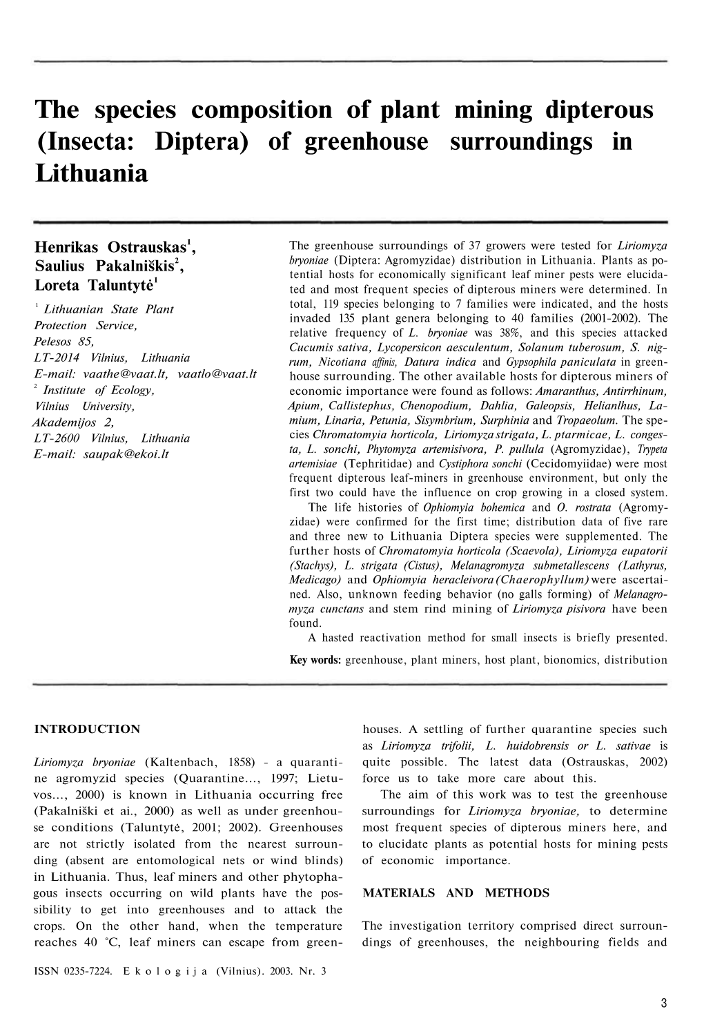 (Insecta: Diptera) of Greenhouse Surroundings in Lithuania