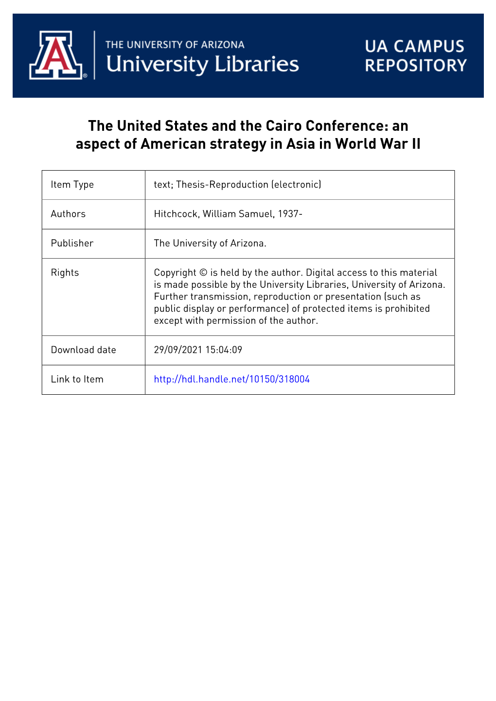 The United States and the Cairo Conference: an Aspect of American Strategy in Asia in World War II