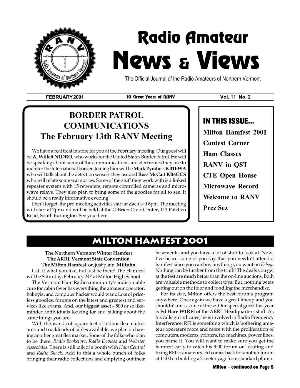 Radio Amateur News & Views the Official Journal of the Radio Amateurs of Northern Vermont