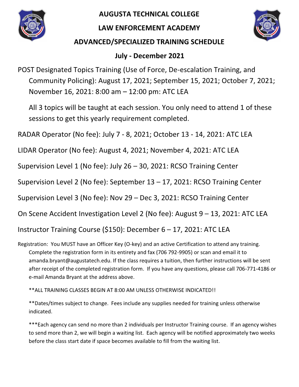 Advanced/Specialized Training Schedule