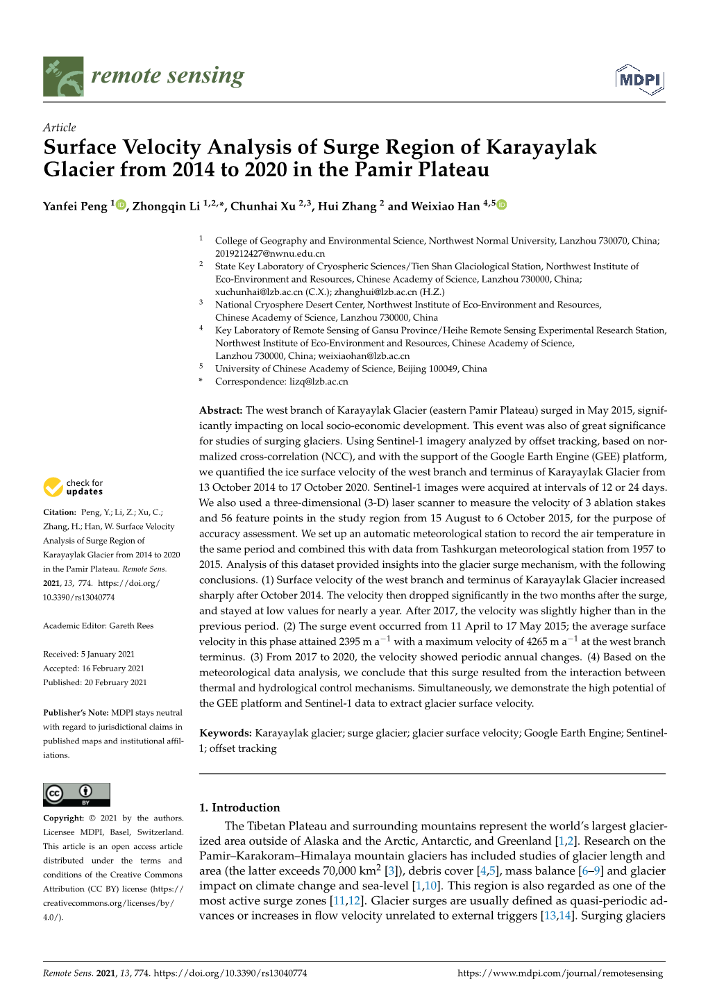 Surface Velocity Analysis of Surge Region of Karayaylak Glacier from 2014 to 2020 in the Pamir Plateau