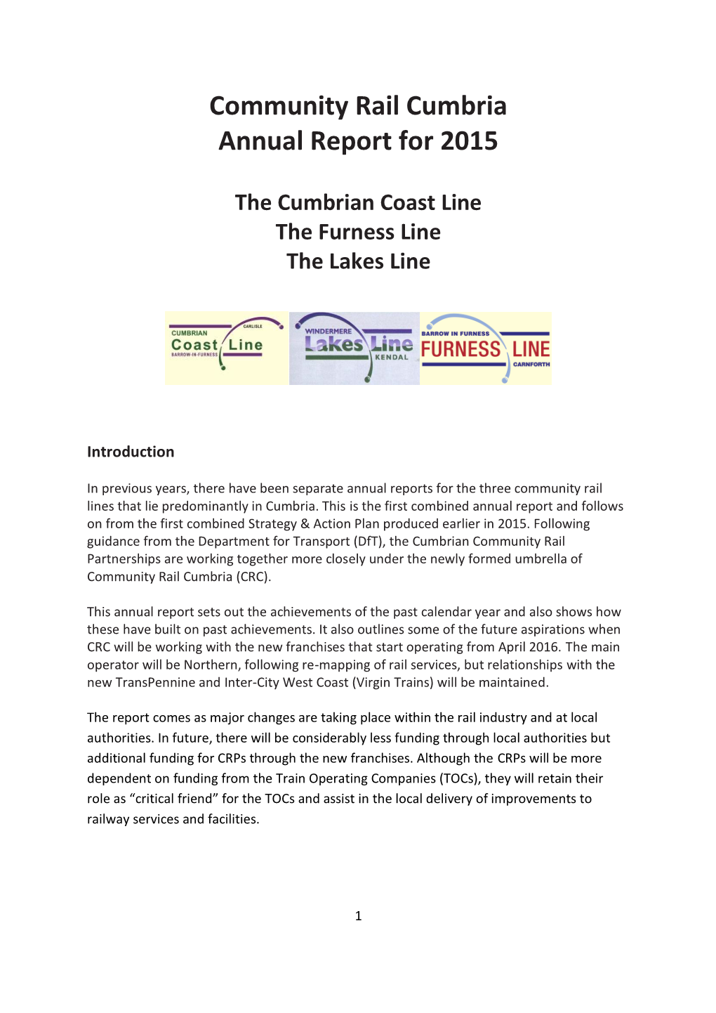 Community Rail Cumbria Annual Report for 2015 the Cumbrian