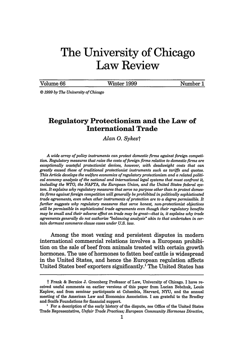 Regulatory Protectionism and the Law of International Trade Alan 0