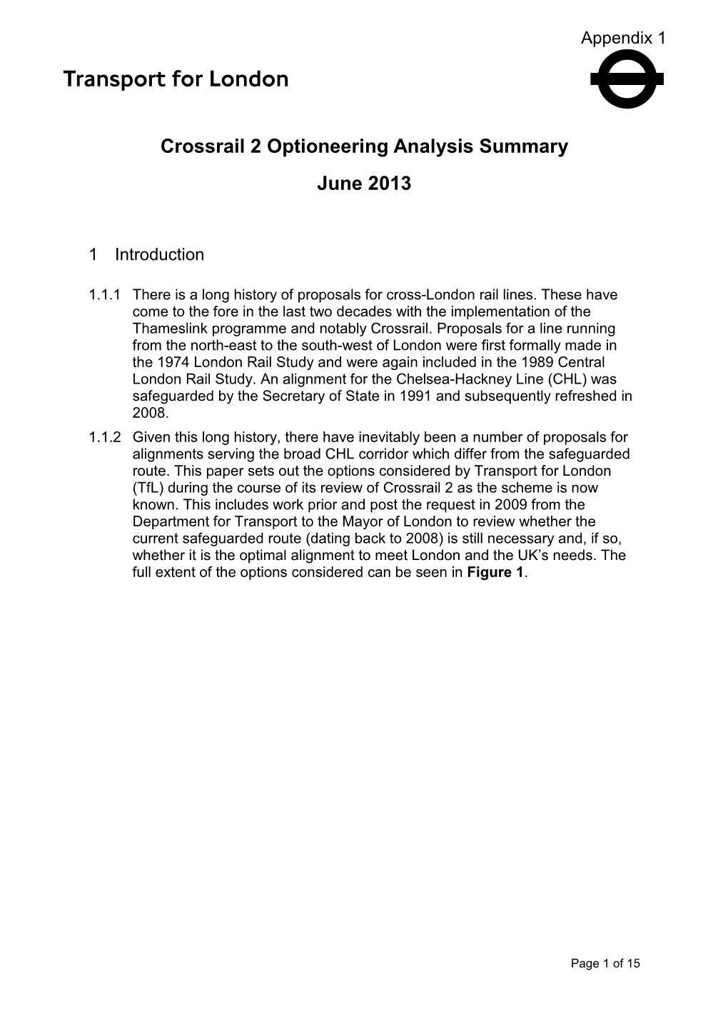 Crossrail 2 Optioneering Analysis Summary June 2013