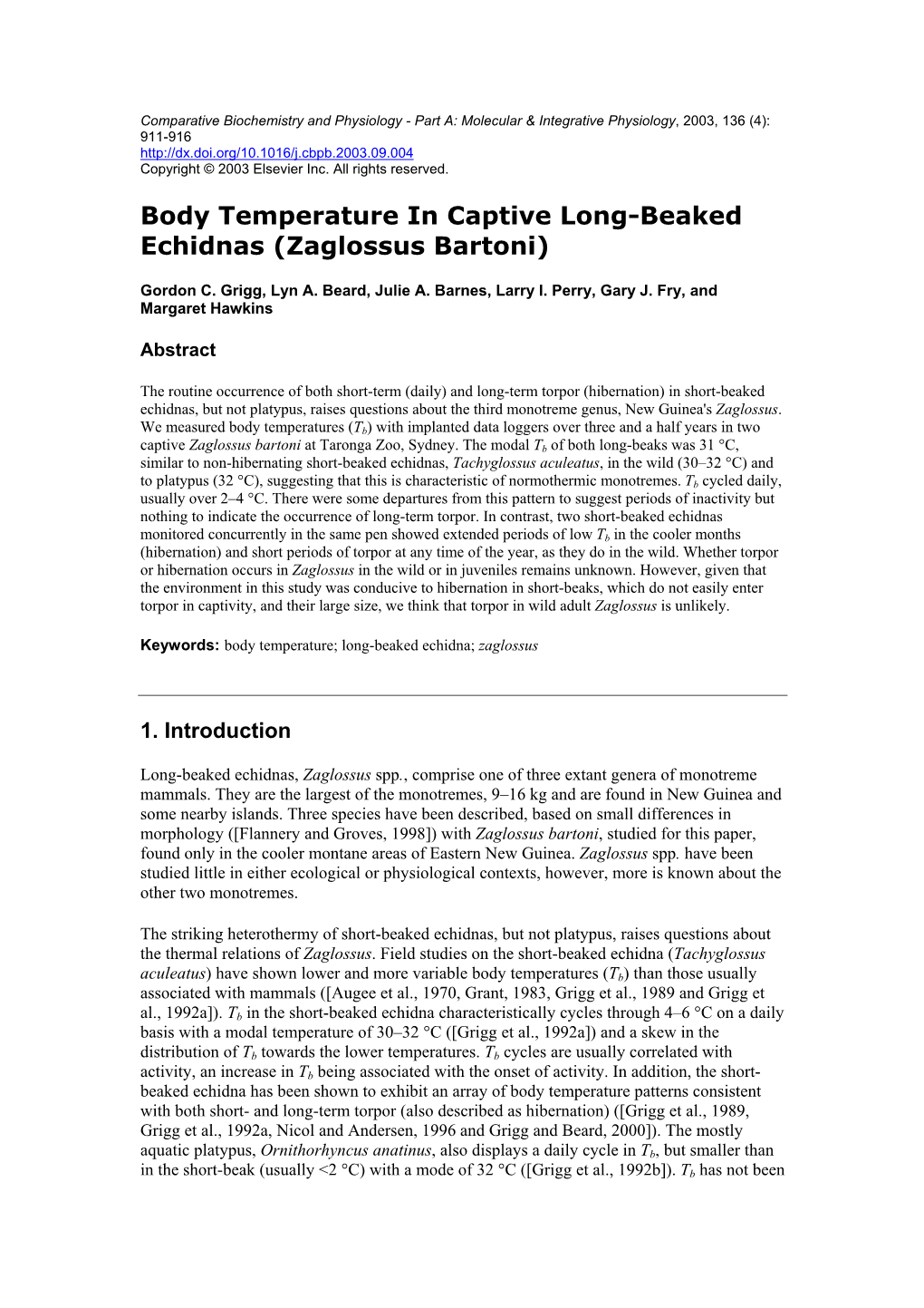 Body Temperature in Captive Long-Beaked Echidnas (Zaglossus Bartoni)