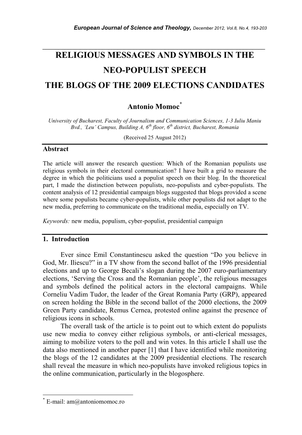 Religious Messages and Symbols in the Neo-Populist Speech the Blogs of the 2009 Elections Candidates