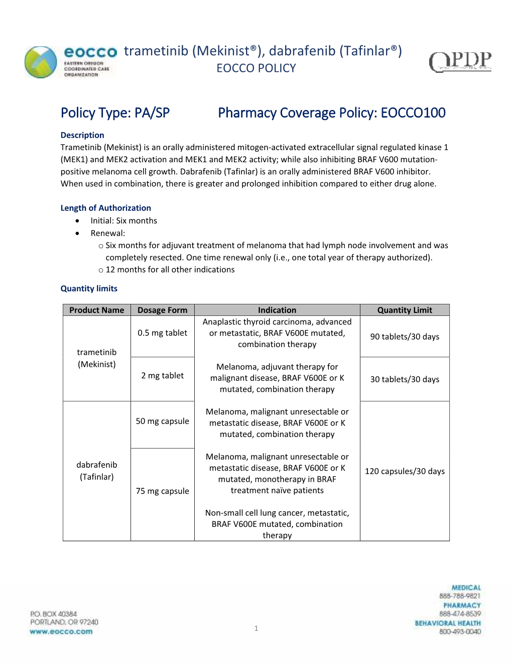 Trametinib (Mekinist®), Dabrafenib (Tafinlar®) EOCCO POLICY