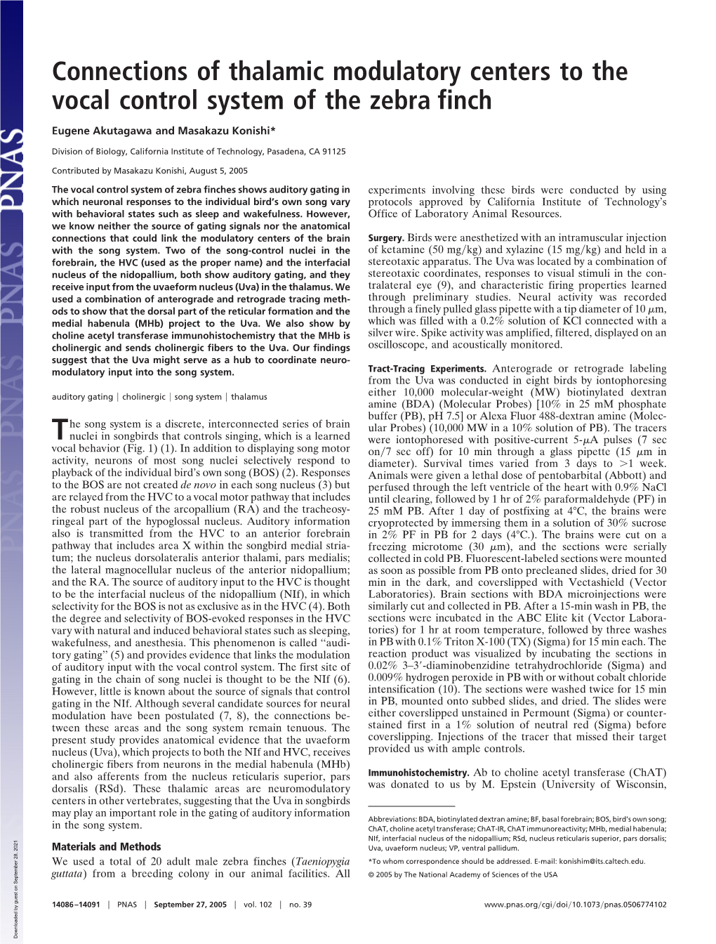 Connections of Thalamic Modulatory Centers to the Vocal Control System of the Zebra Finch