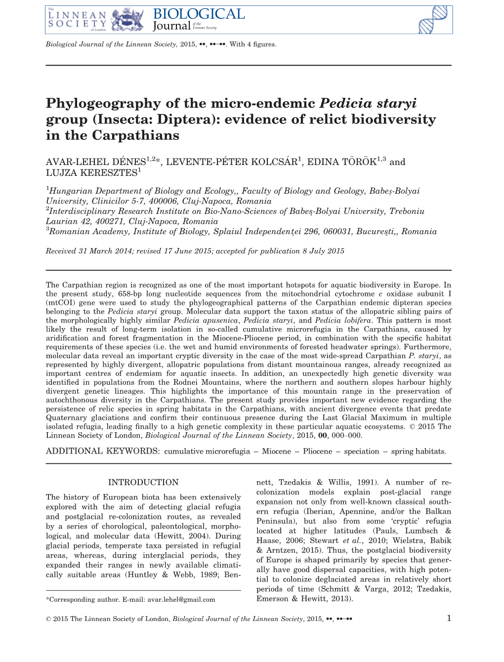 Endemic Pedicia Staryi Group (Insecta: Diptera): Evidence of Relict Biodiversity in the Carpathians