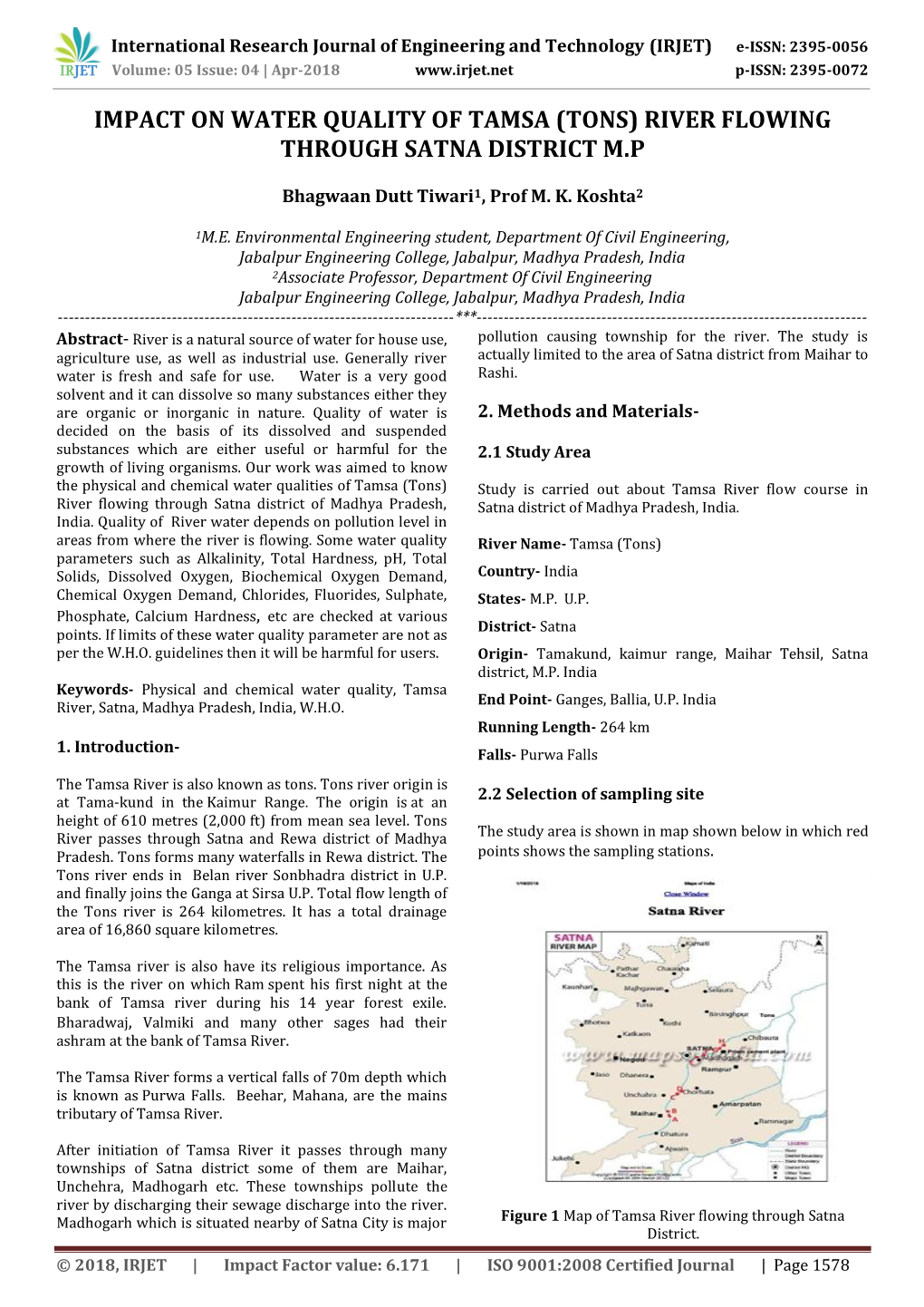 Impact on Water Quality of Tamsa (Tons) River Flowing Through Satna District M.P