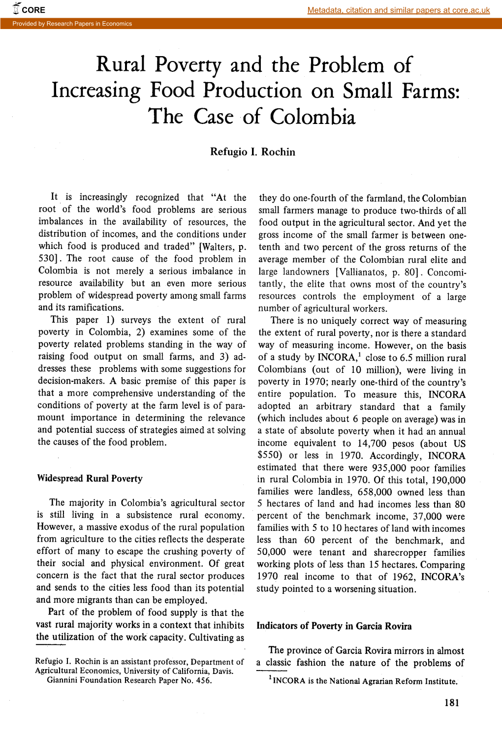 Rural Poverty and the Problem of Increasing Food Production on Small Farms: the Case of Colombia