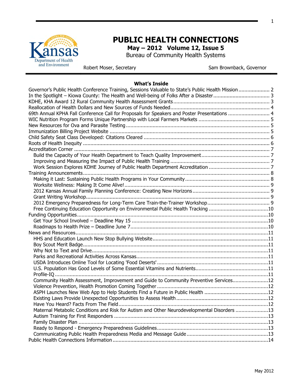 PUBLIC HEALTH CONNECTIONS May – 2012 Volume 12, Issue 5 Bureau of Community Health Systems