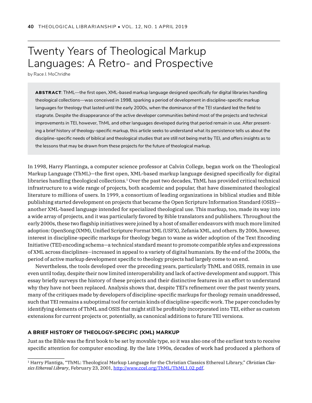 Twenty Years of Theological Markup Languages: a Retro- and Prospective by Race J