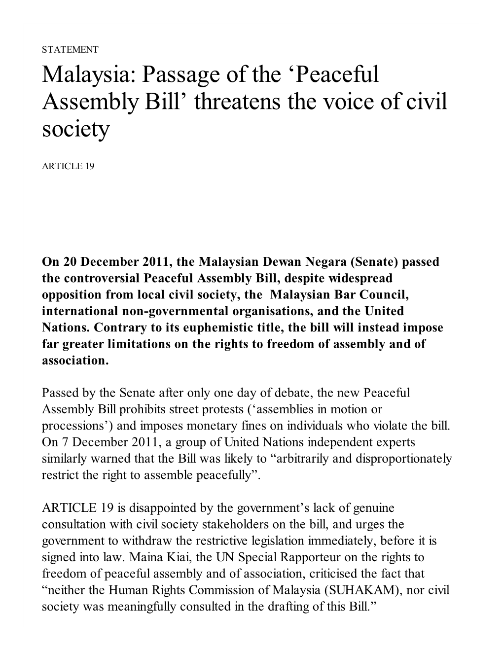 Malaysia: Passage of the Peaceful Assembly Bill Threatens the Voice Of
