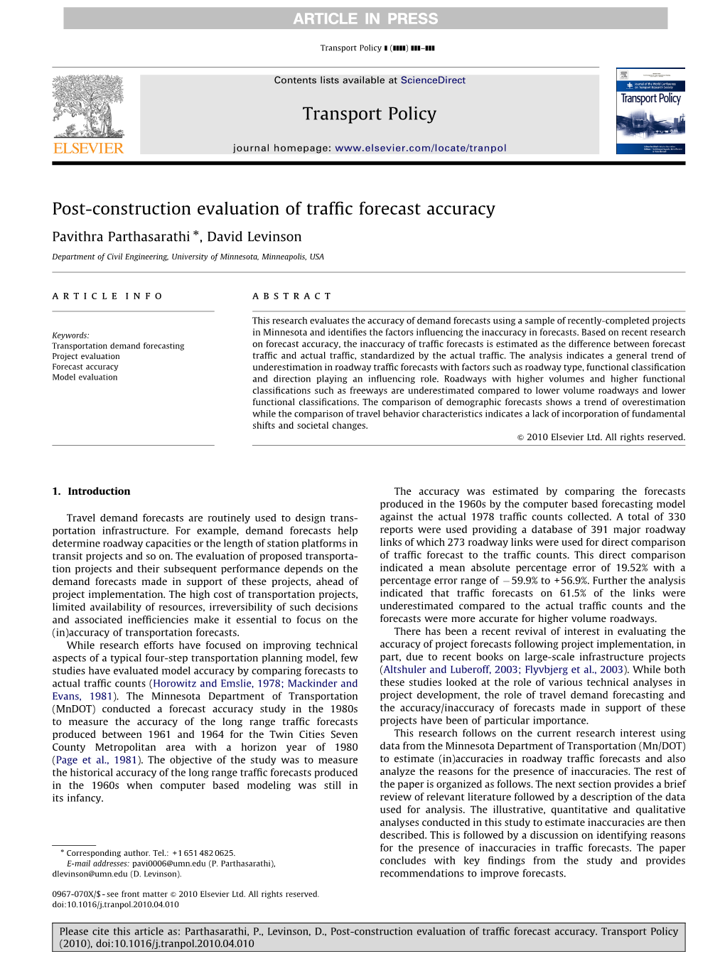 Post-Construction Evaluation of Traffic Forecast Accuracy