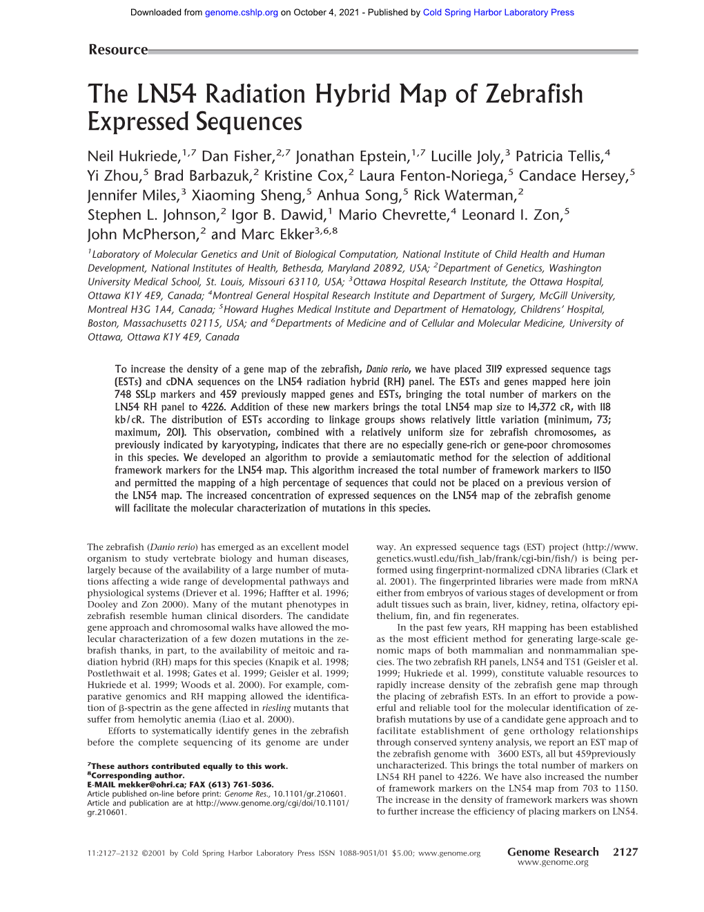 The LN54 Radiation Hybrid Map of Zebrafish Expressed Sequences