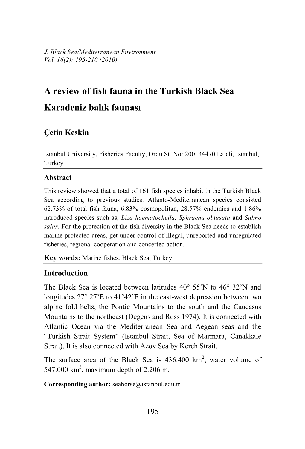 A Review of Fish Fauna in the Turkish Black Sea Karadeniz Balık Faunası
