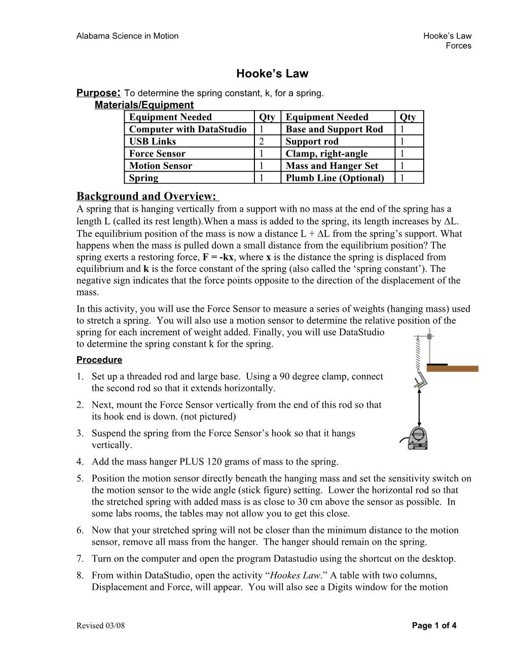 Purpose: to Determine the Spring Constant, K, for a Spring. Materials/Equipment