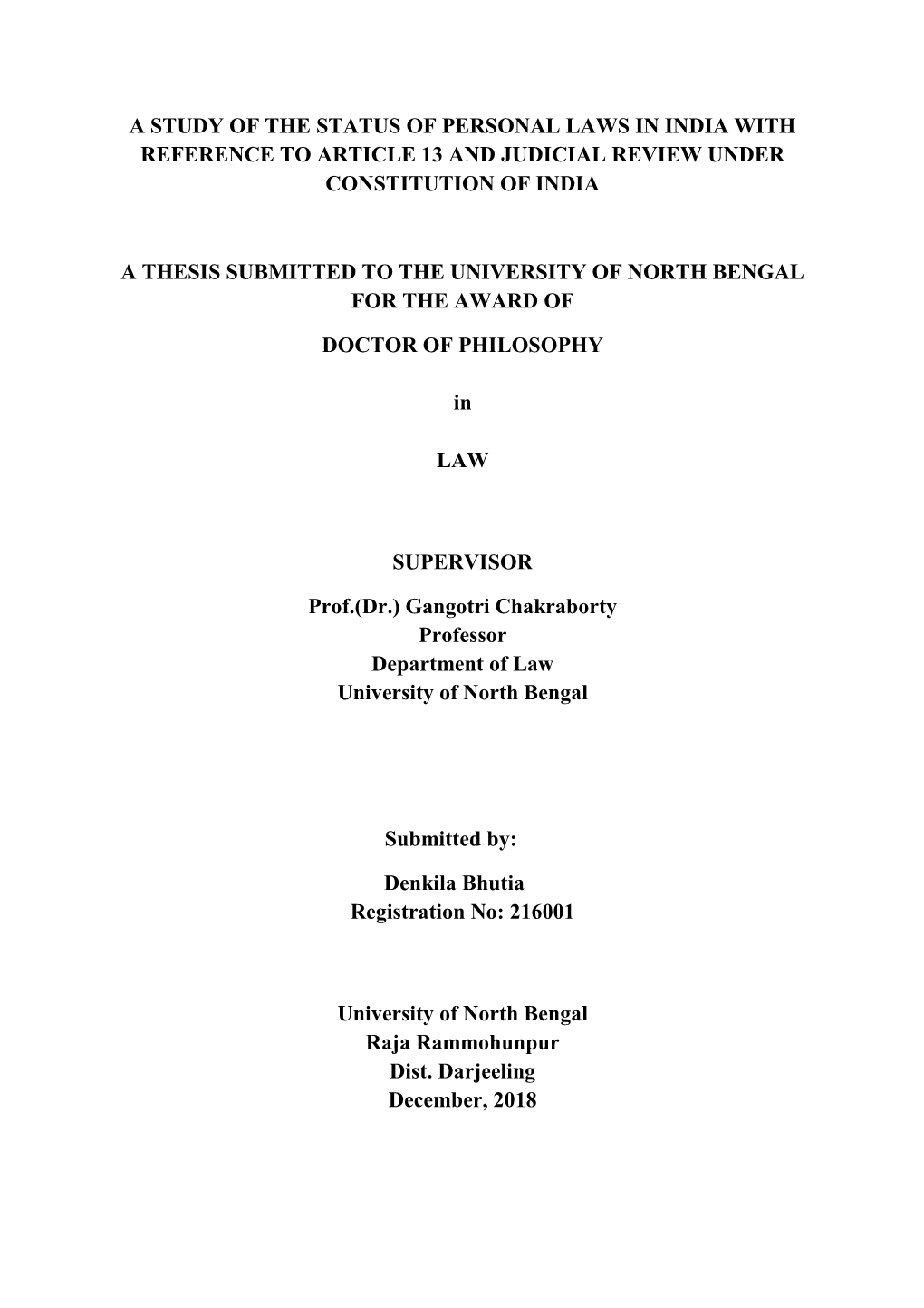 A Study of the Status of Personal Laws in India with Reference to Article 13 and Judicial Review Under Constitution of India