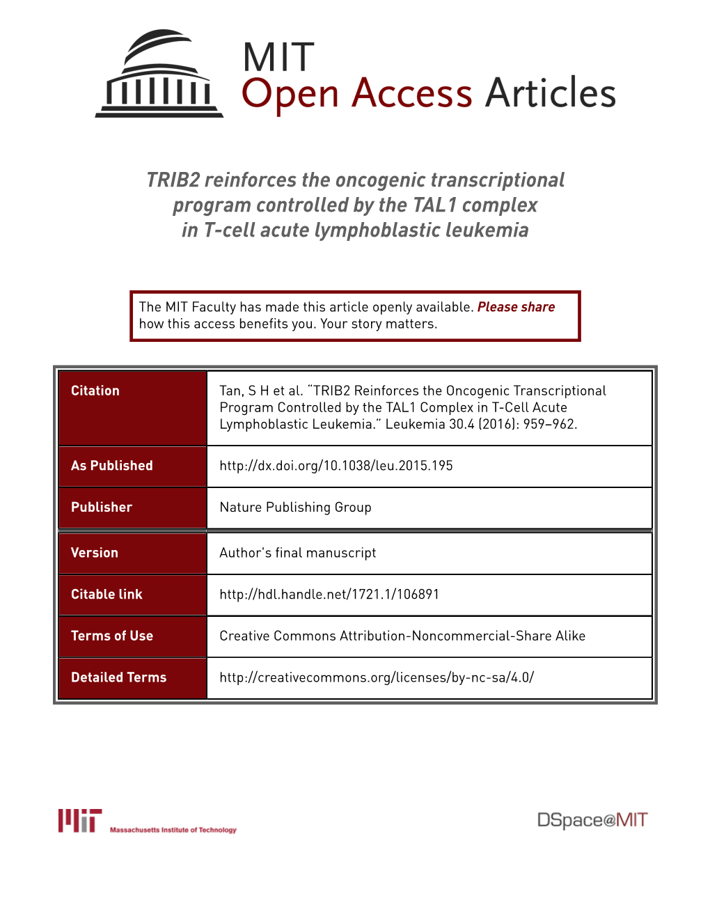 TRIB2 Reinforces the Oncogenic Transcriptional Program Controlled by the TAL1 Complex in T-Cell Acute Lymphoblastic Leukemia