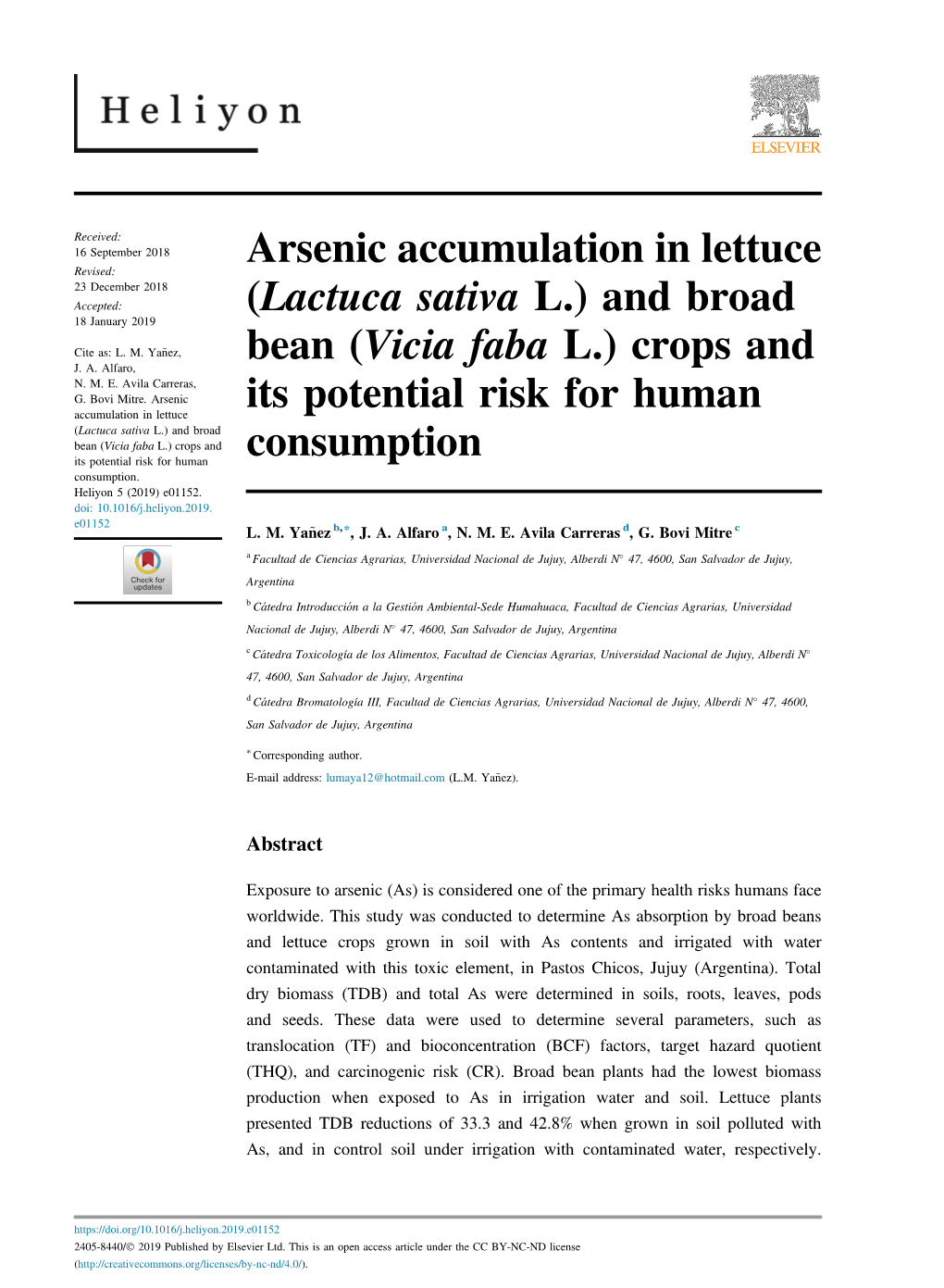 Arsenic Accumulation in Lettuce (Lactuca Sativa L.) and Broad Bean