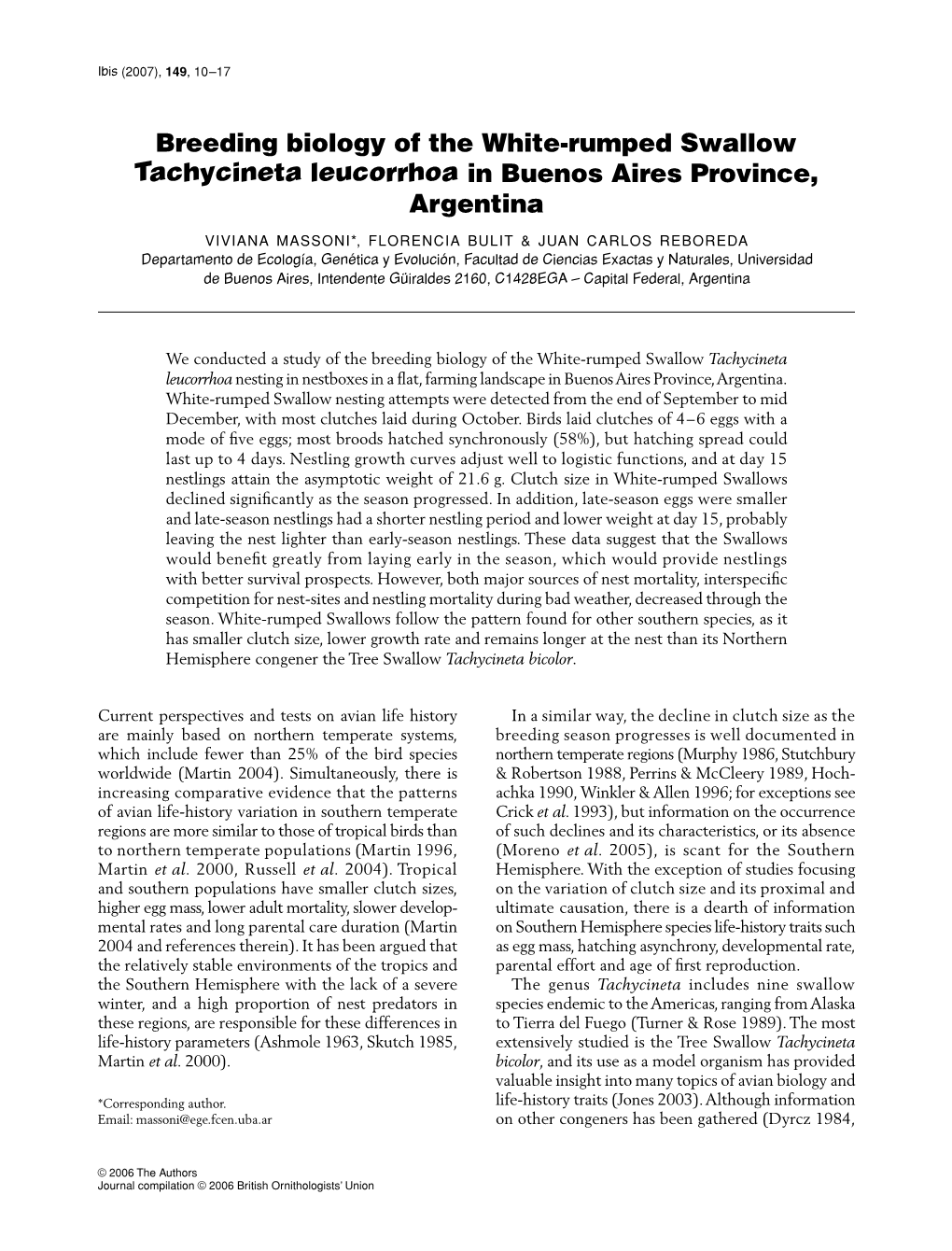 Breeding Biology of the White-Rumped Swallow Tachycineta Leucorrhoa in Buenos Aires Province, Argentina