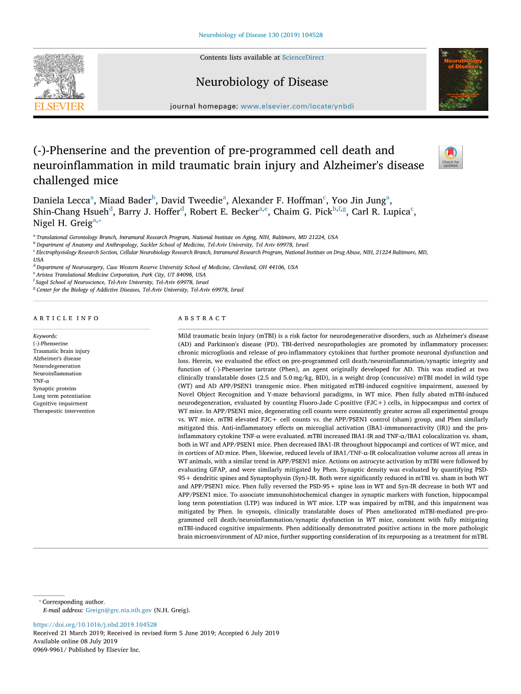 (-)-Phenserine and the Prevention of Pre-Programmed Cell Death and Neuroinﬂammation in Mild Traumatic Brain Injury and Alzheimer's Disease T Challenged Mice