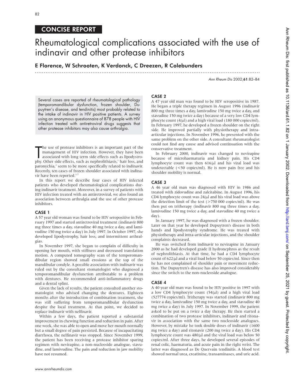 Rheumatological Complications Associated with the Use of Indinavir and Other Protease Inhibitors