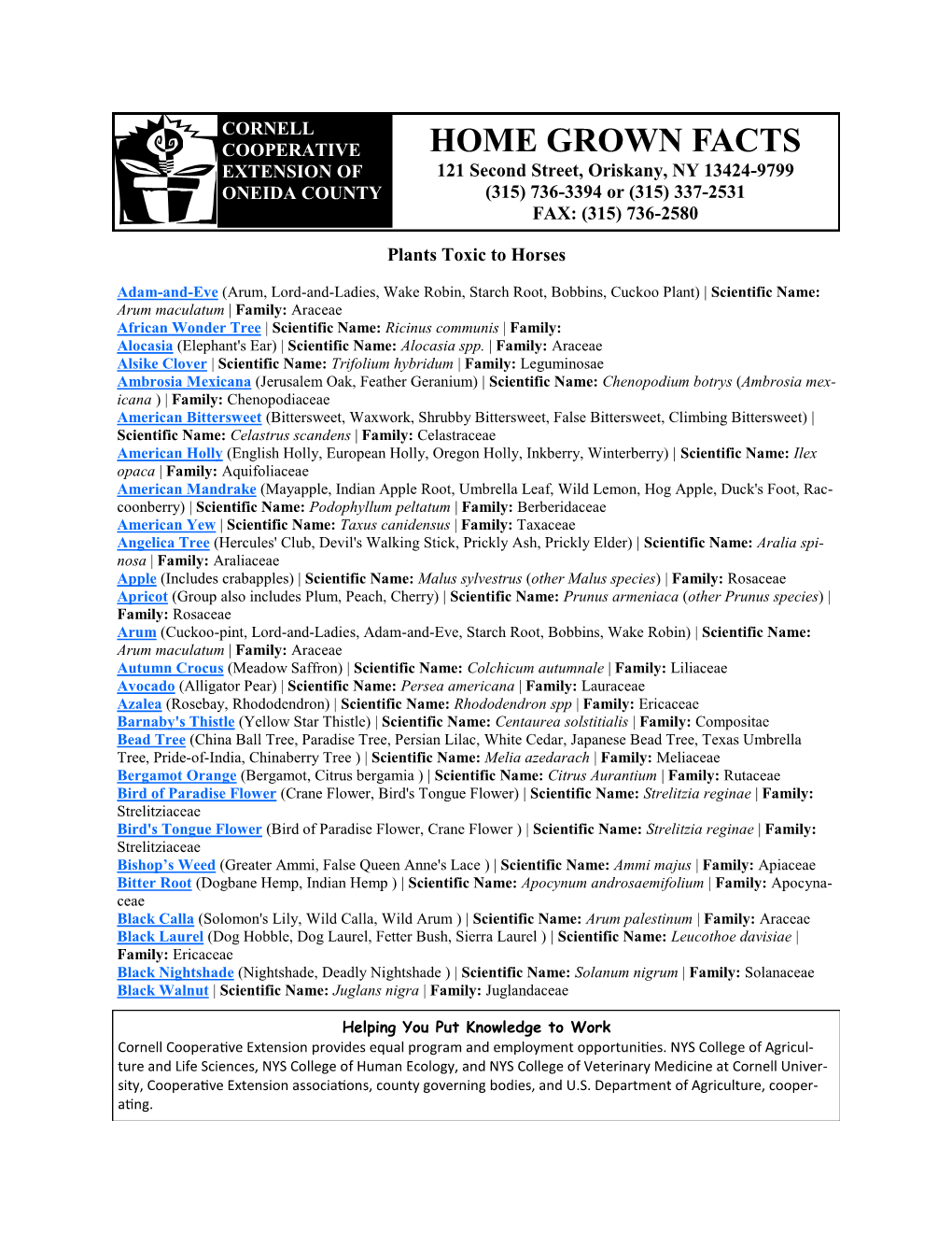 HOME GROWN FACTS EXTENSION of 121 Second Street, Oriskany, NY 13424-9799 ONEIDA COUNTY (315) 736-3394 Or (315) 337-2531 FAX: (315) 736-2580