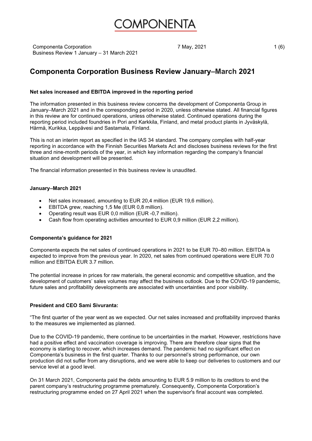 Componenta Corporation Business Review January–March 2021