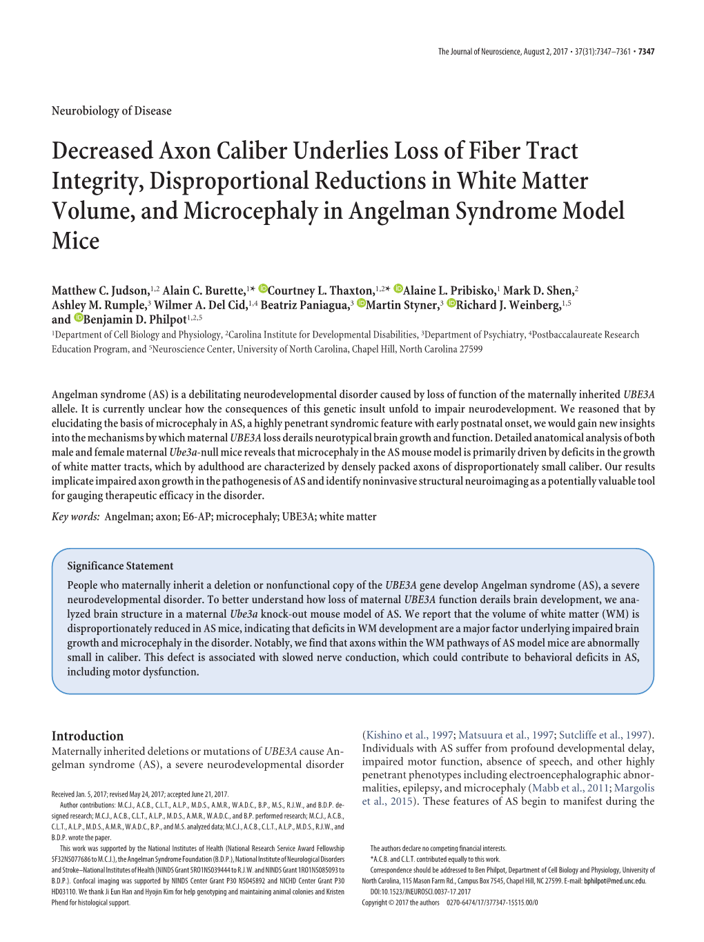 Decreased Axon Caliber Underlies Loss of Fiber Tract Integrity, Disproportional Reductions in White Matter Volume, and Microcephaly in Angelman Syndrome Model Mice