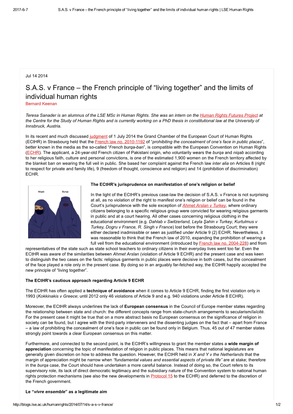 S.A.S. V France – the French Principle of “Living Together” and the Limits of Individual Human Rights | LSE Human Rights