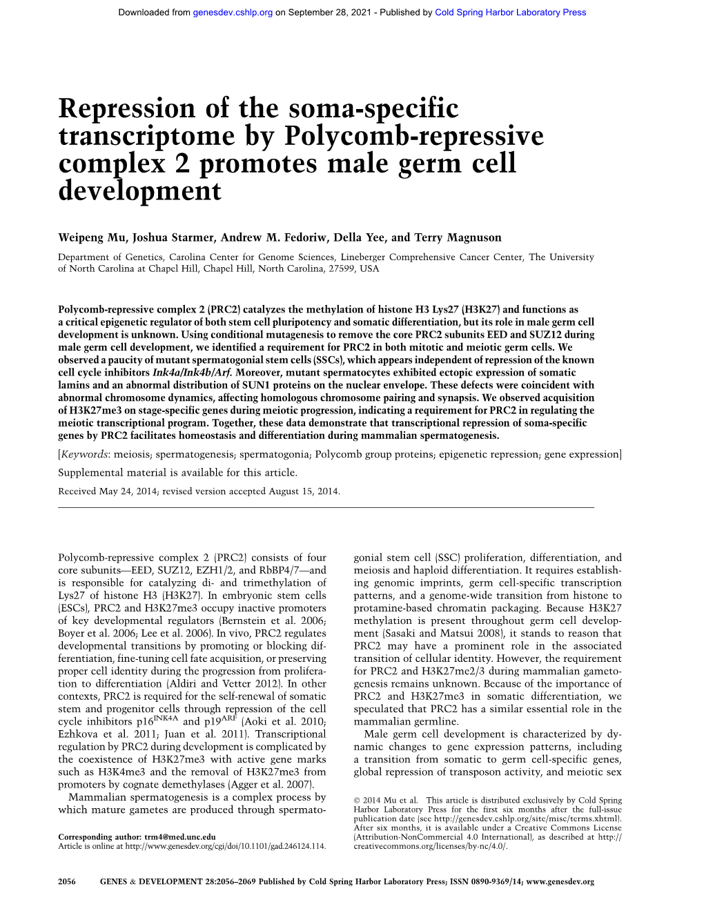 Repression of the Soma-Specific Transcriptome by Polycomb-Repressive Complex 2 Promotes Male Germ Cell Development