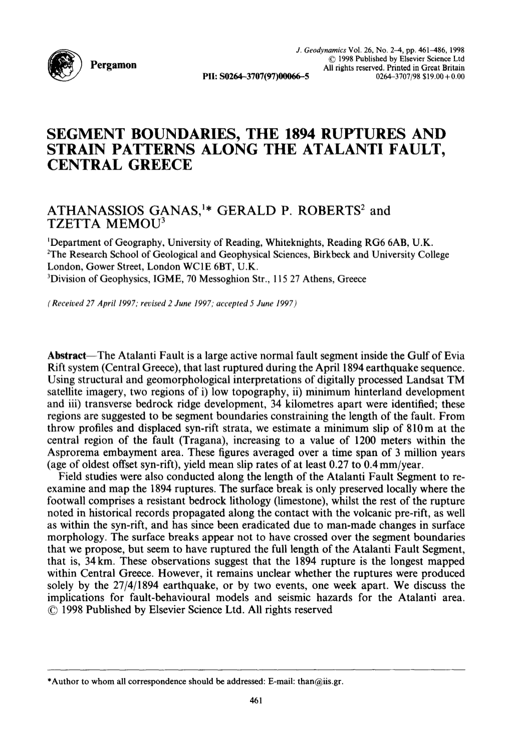 Segment Boundaries, the 1894 Ruptures and Strain Patterns Along the Atalanti Fault, Central Greece