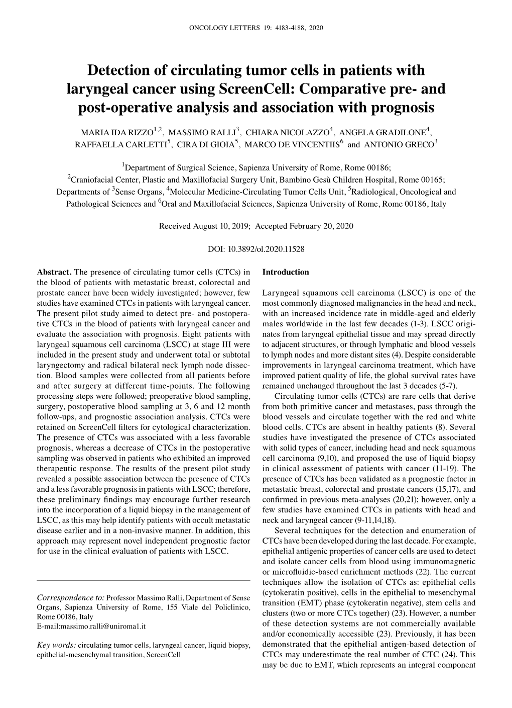 Detection of Circulating Tumor Cells in Patients with Laryngeal Cancer Using Screencell: Comparative Pre- and Post-Operative Analysis and Association with Prognosis