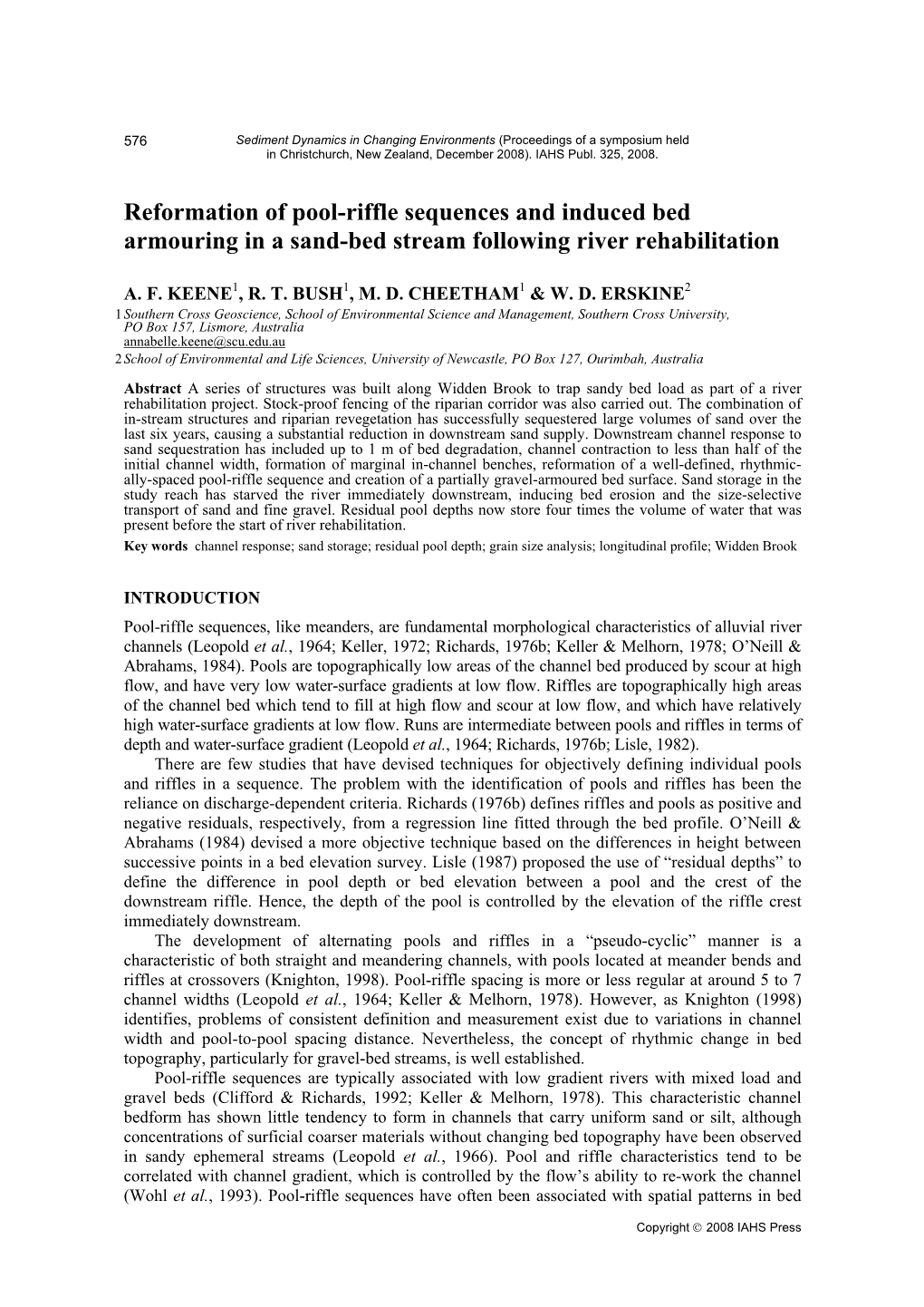 Reformation of Pool-Riffle Sequences and Induced Bed Armouring in a Sand-Bed Stream Following River Rehabilitation