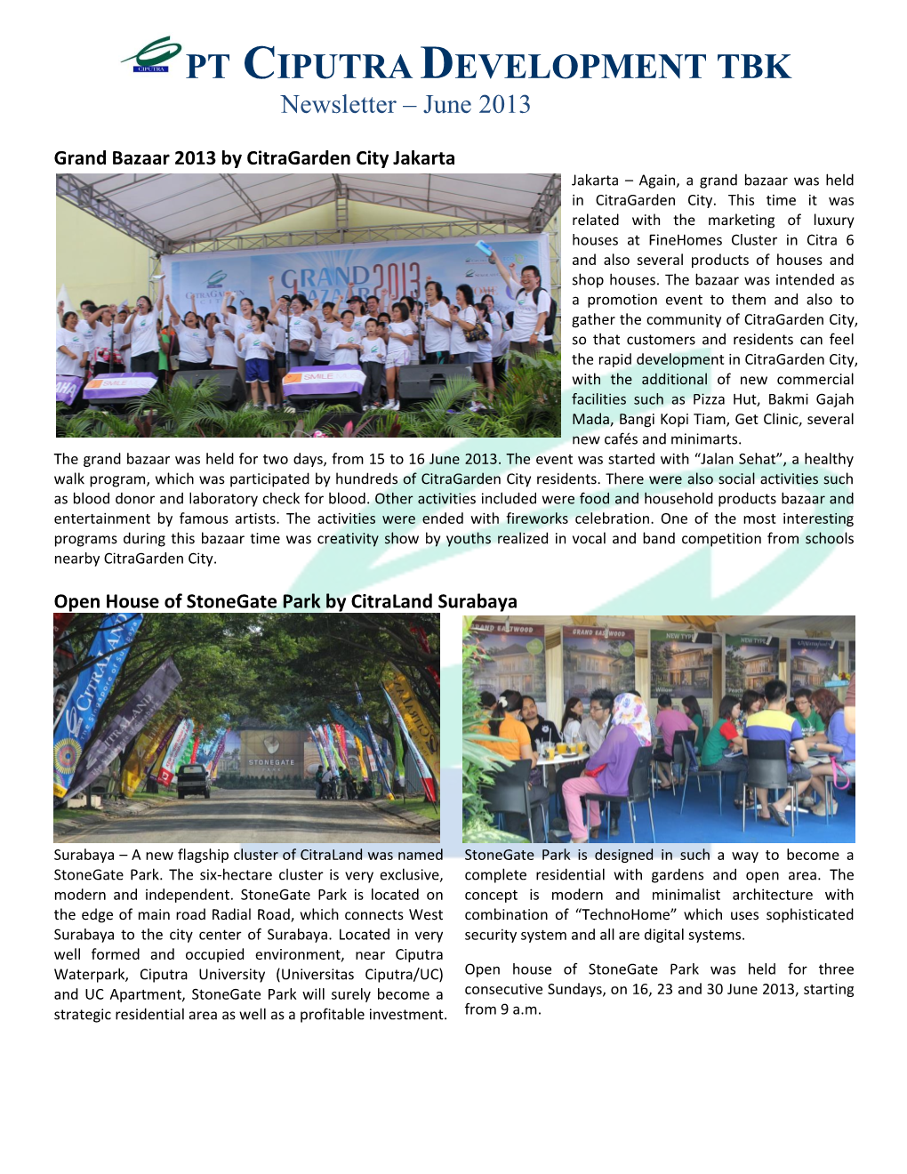 PT CIPUTRA DEVELOPMENT TBK Newsletter – June 2013