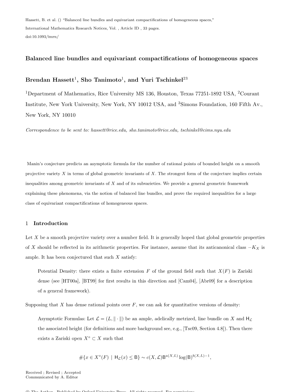 Balanced Line Bundles and Equivariant Compactifications of Homogeneous Spaces Brendan Hassett1, Sho Tanimoto1, and Yuri Tschinke