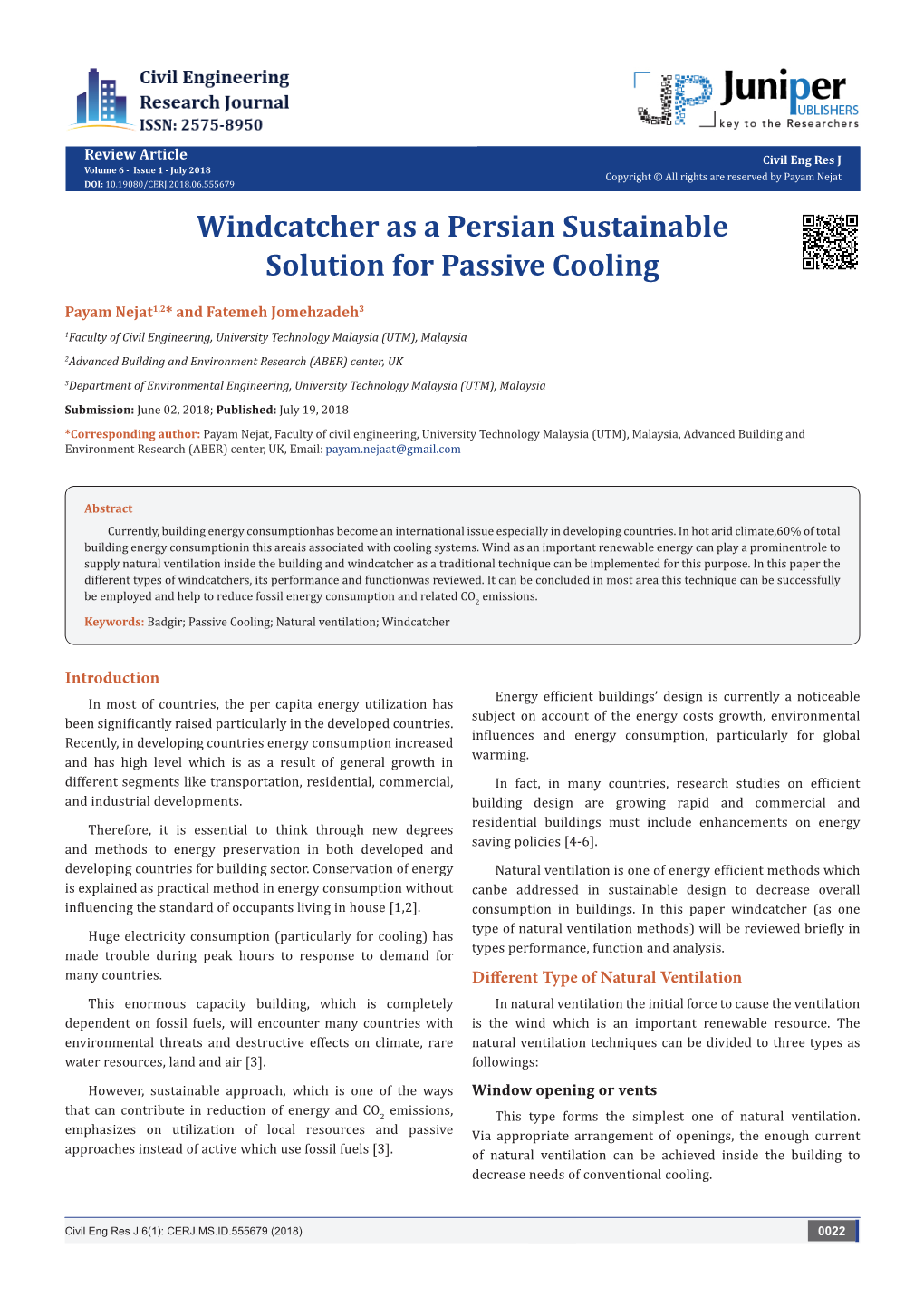 Windcatcher As a Persian Sustainable Solution for Passive Cooling